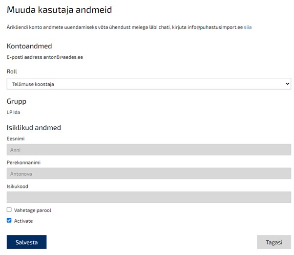 kasutajaandmete muutmine kasutajaandmete muutmine