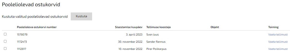 pooleliolevad ostukorvid pooleliolevad ostukorvid